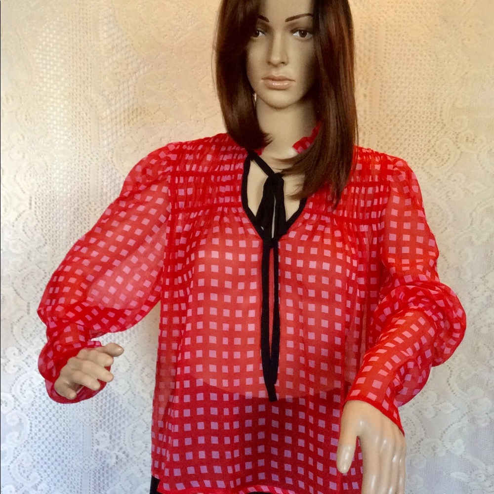 ASOS Red and White Gingham Sheer Polyester Top sz0